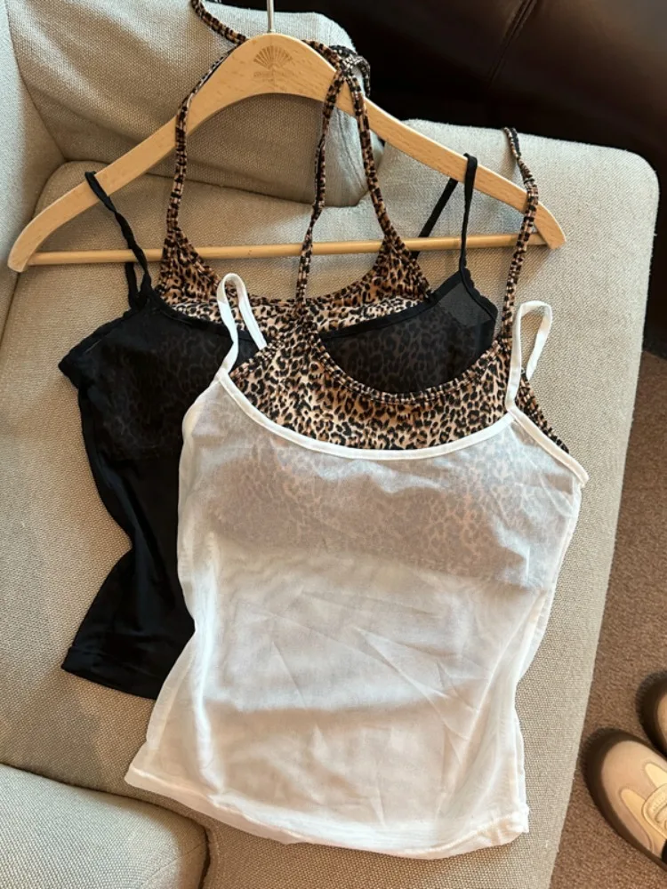 

Summer New Style Women's Vacation Retro Leopard Print Halter Neck Camisole Top with Chest Pad Vest Two-Piece Set Spicy Girl