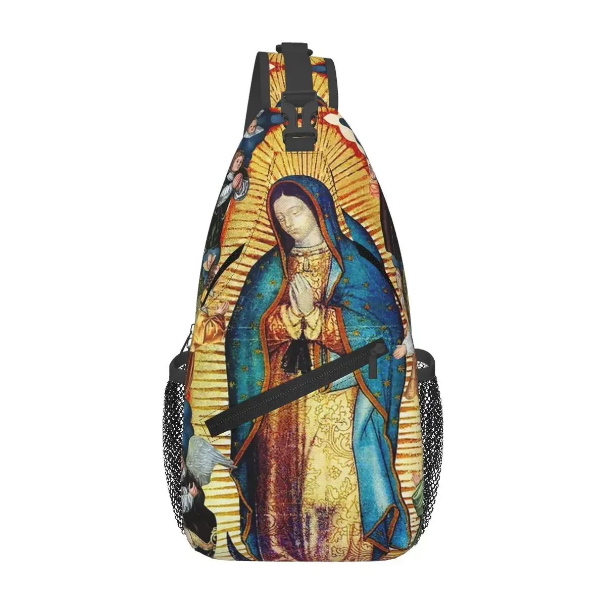 

Our Lady Of Guadalupe Virgin Mary And Angels Chest Bag Men Sling Crossbody Backpack Chest Bag Travel Hiking Daypack Shoulder Bag