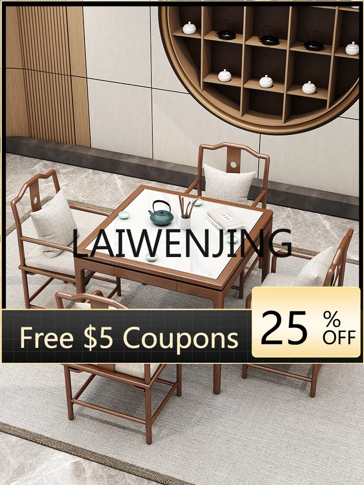 

New Chinese Style Solid for Eight People Teahouse Square Stone Plate Dining Table Household Small Apartment