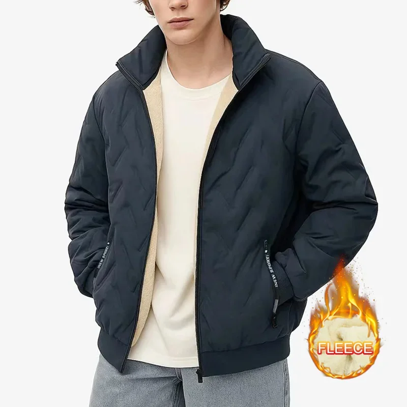 

Men's Fleece Coat Windproof Stand Collar Zipper Slim Fit Thick Solid Color Fashion Streetwear Winter Male Casual Jacket Coats