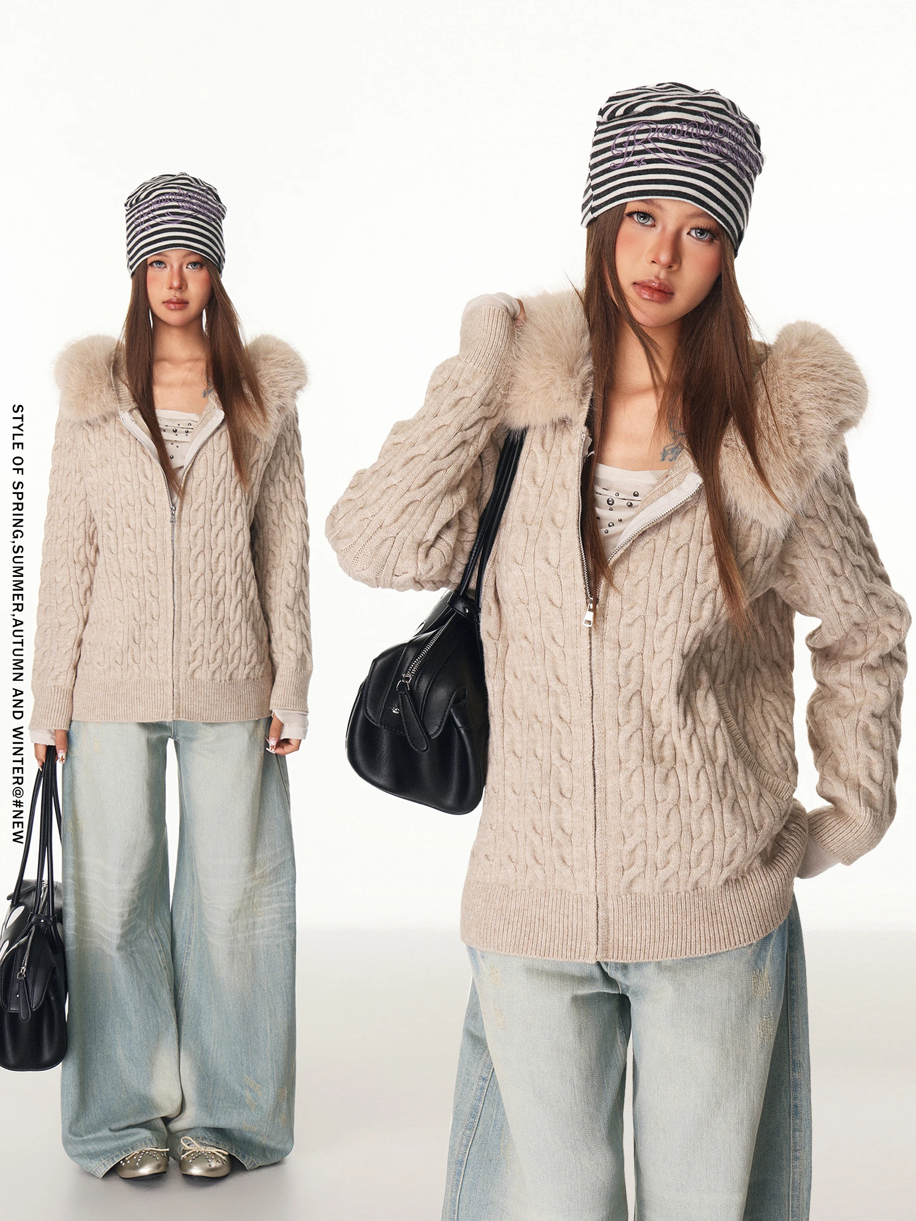 

Вязаный кардиган-свитер для женщин на осень-зиму со съемным меховым воротником, теплый, мягкий, повседневный, свободного кроя