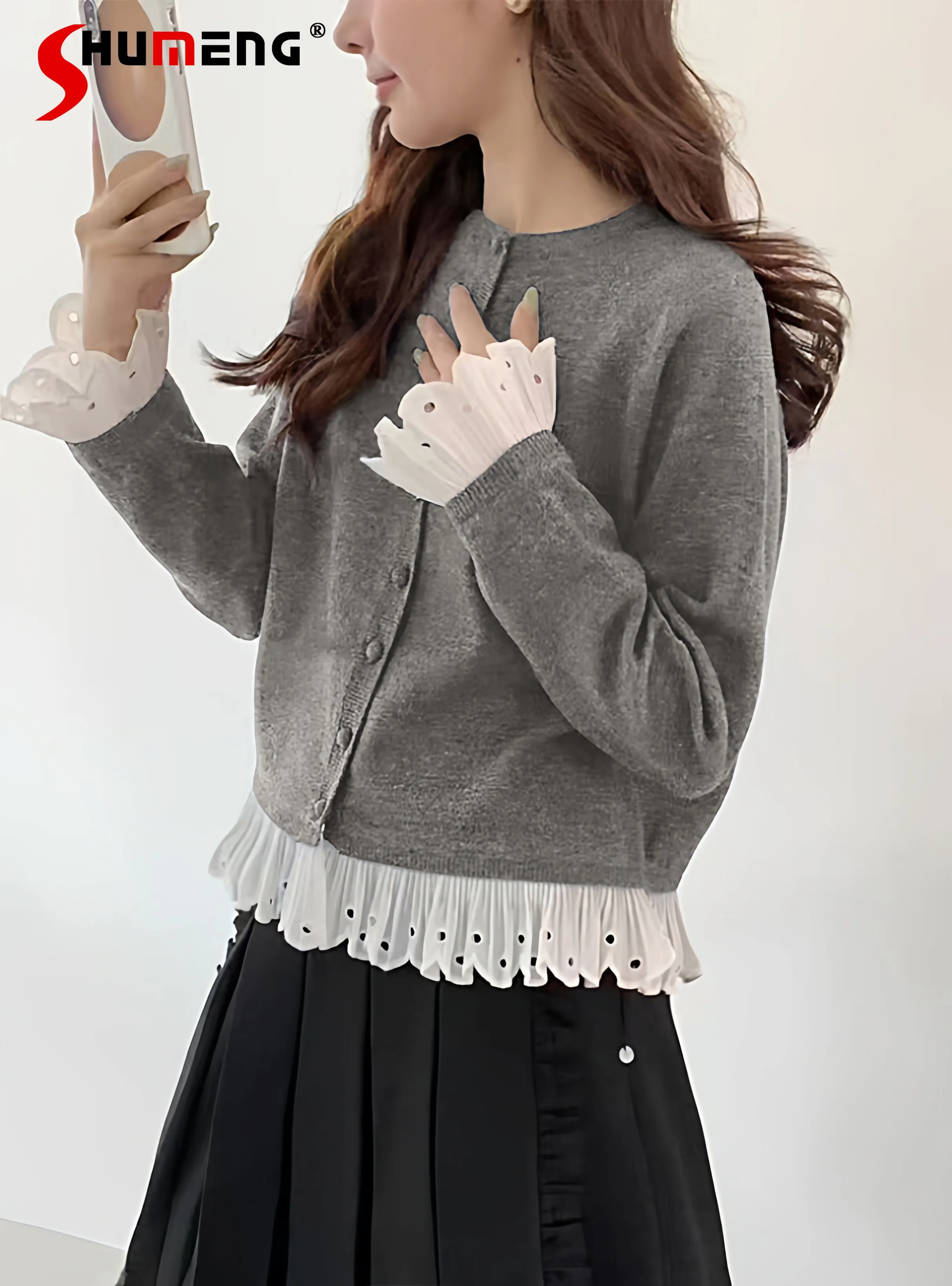 

Вязаный кардиган-топ в японском стиле с круглым вырезом, рукавами-колокол и пуговицами, универсальный, элегантный, милый, весна 2026, для женщин