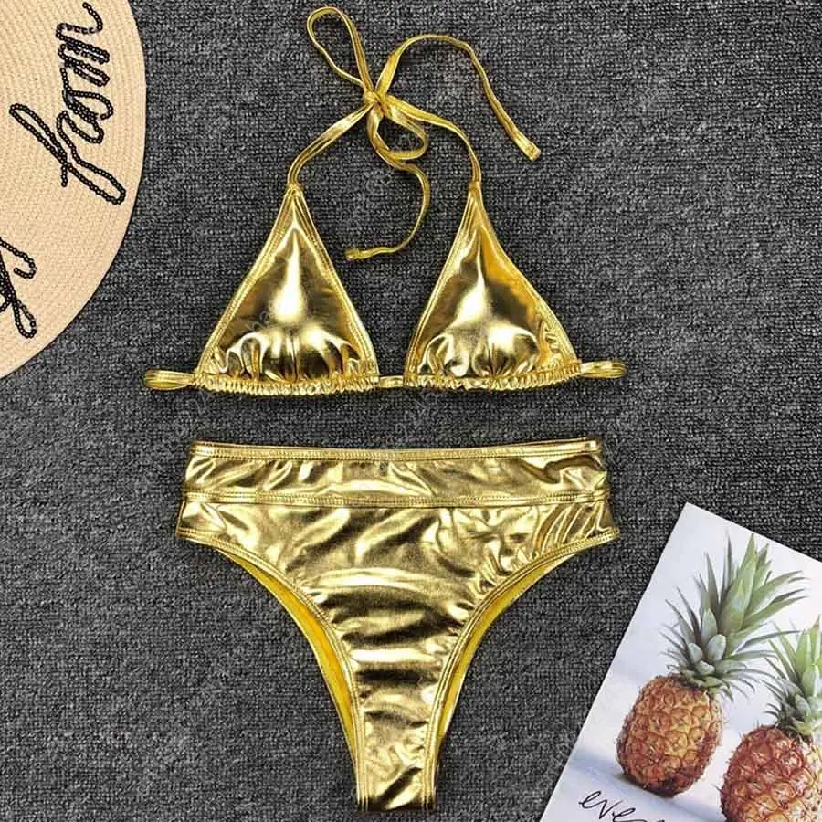 NEW Shiny Gold Silver One Piece Swimsuit Women Swimwear Female Bather V Neck Bathing Suit Swim Wear Monokini