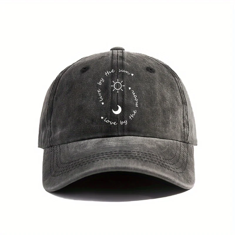 Sun And Moon 'Son And Mom' Design Print Baseball Cap, Distressed Washed Dad Hat With Brim Printing, Adjustable Strap Unisex Head