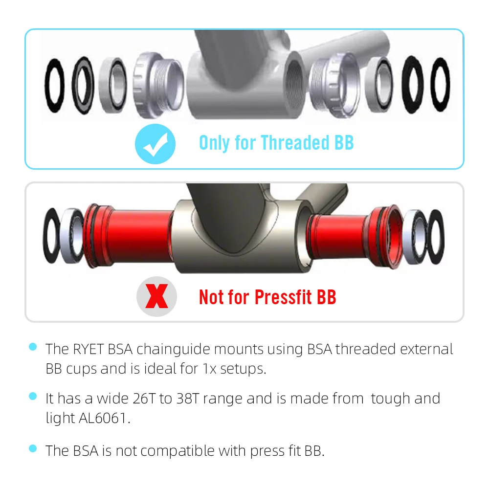 RYET MTB BSA-fit Chainguide Bike Chain Guide/BSA BB Mount 26T-38T Bicycle Chain Protector D-TYPE E-TYPE Chainguide Cycling Parts