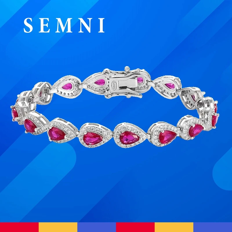 SEMNI 925 Sterling Silver Waterdrop Fancy Vivid Ruby 4*6mm High Carbon Diamond Charm Bracelets for Women Girls