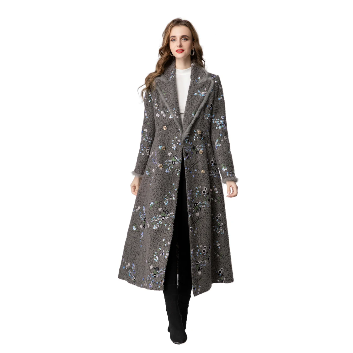 Splendido paillettes ricamate bordeaux - Cappotto maxi soffice rifinito con pelliccia - Colletto con risvolto rifinito per l'autunno/inverno S-4XL