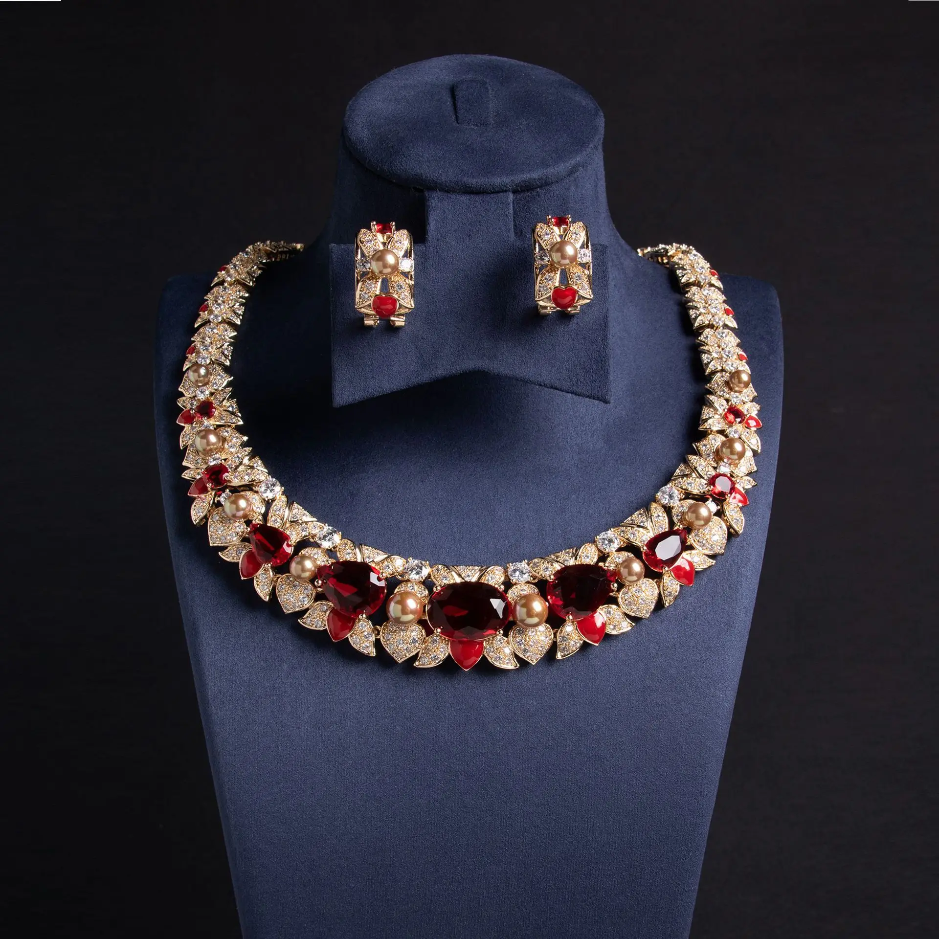 Hip Hop Colourful Zirconia Pearls Necklace Earrings Jewellery Set Women Bridal Wedding Party With Dress Accessories M-279