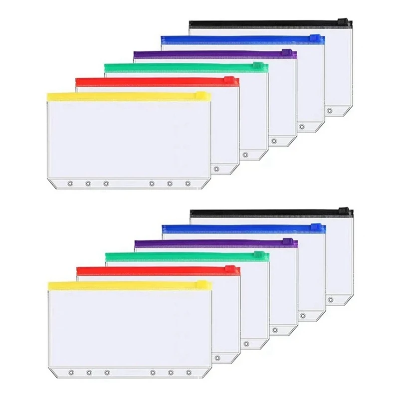 

12Pcs A6 6-Hole Binder Pocket Waterproof PVC Budget Envelopes Zipper Binder Pouches For Notebook Planner Journey Binders