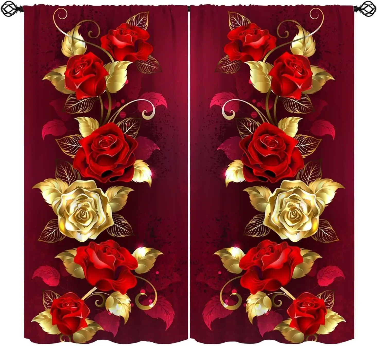 Burgundy Red Gold Rose Floral Curtains, Retro Romantic Flower Rod Pocket Drapes for Girls Bedroom Kitchen Living Room Home Decor