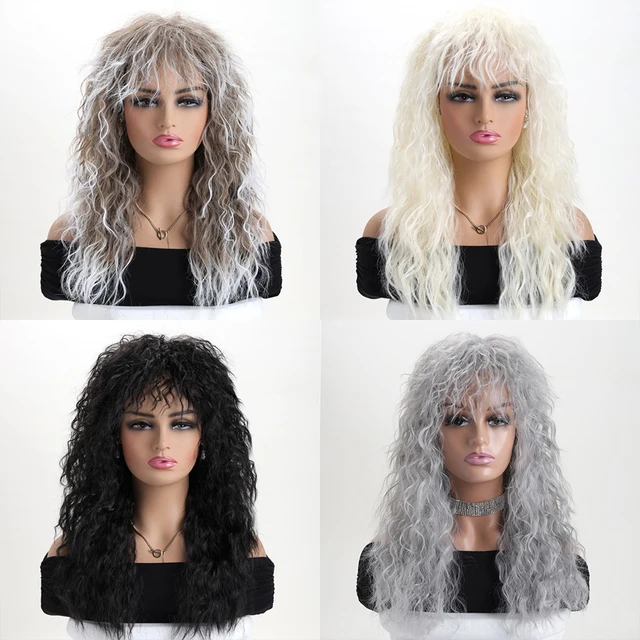 Damska peruka z długimi syntetycznymi kręconymi włosami w stylu lat 70. 80. Glam Rock Rocker Peruka idealna na Halloween Cosplay DIY Impreza tematyczna kostiumowa