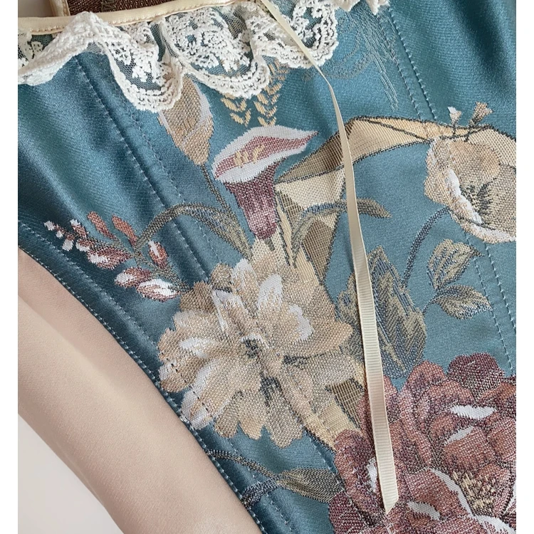 

French Women Corset Top Vest Waist Shape Vintage Peony Floral Bustier Slimming Shaping Girdle Adjustable Lace Up Tied Corselet