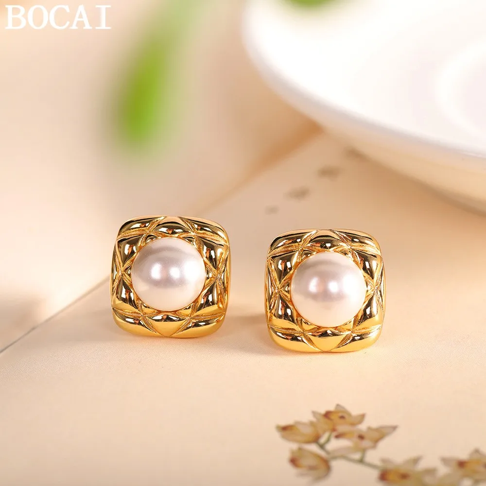 

BOCAI NEW S925 Sterling Silver Simple And Fashionable Gold-plated Square Pearl Ear Buckle