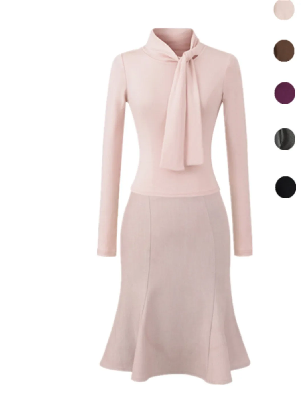 

Модный женский комплект в уличном стиле: футболка с длинным рукавом и высоким воротником, юбка-рыбий хвост с бантом для осени