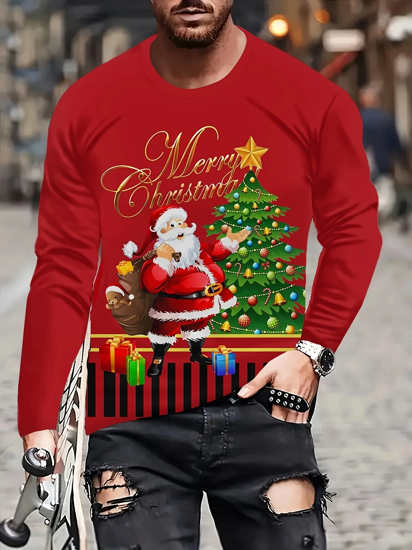 Christmas Theme Santa Claus 3D Prints Casual Men's Long Sleeved T shirt Tee Sports Pullover Crew Neck Tops Spring&Fall Clothing image 2