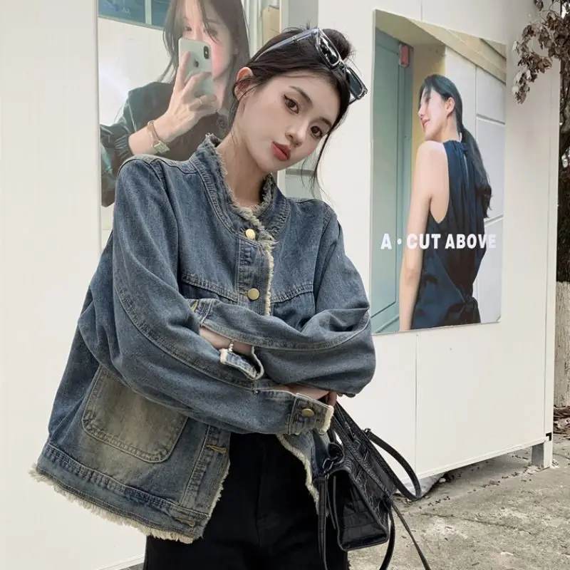 

Retro Denim Jacket Women Raw Edges Washed Distressed Design Loose Slimming Casual Commuting Short Long-Sleeved Top