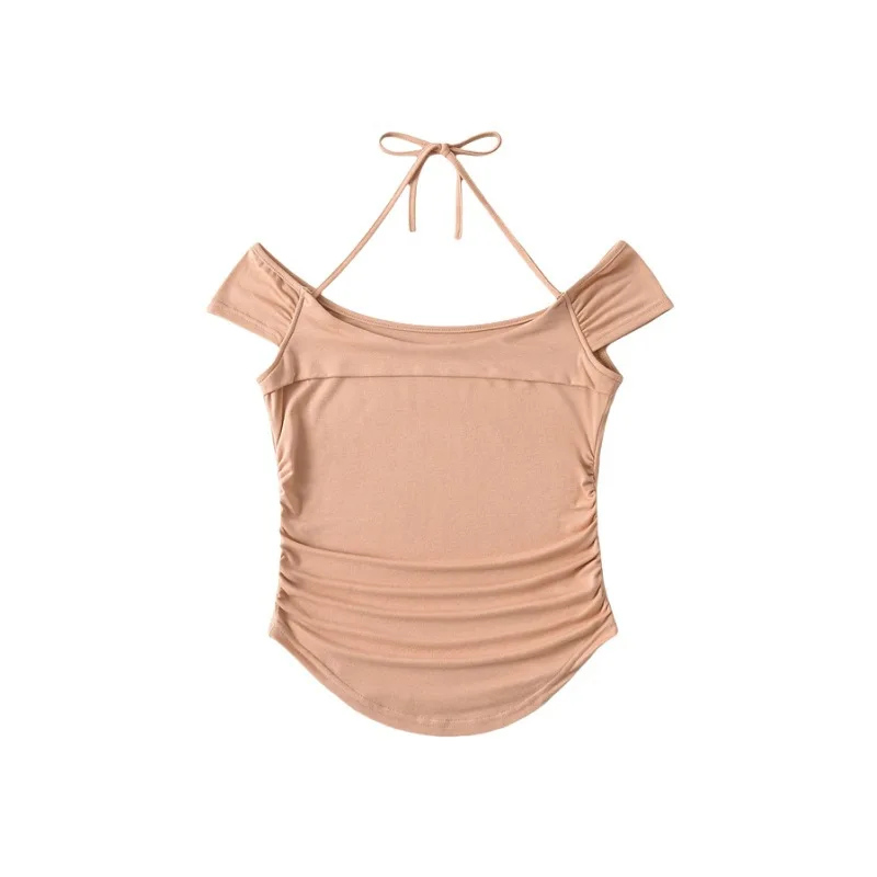 

Hollow Out Sexy T-shirt Halter Curved Cross Short Top Solid Color Sleeveless Crop Tops Female Summer 2025