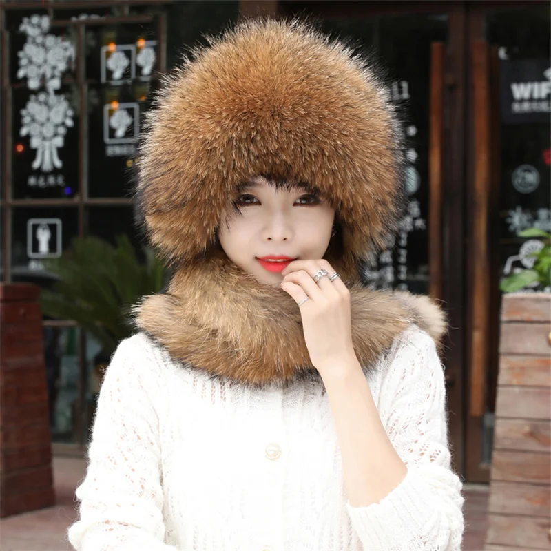 Winter Fox Fur Bomber Hat Luxury Natural Warm Leather Straw Hat Fashion Fluffy Girl Quality Soft 100% Real Raccoon Fur Hat