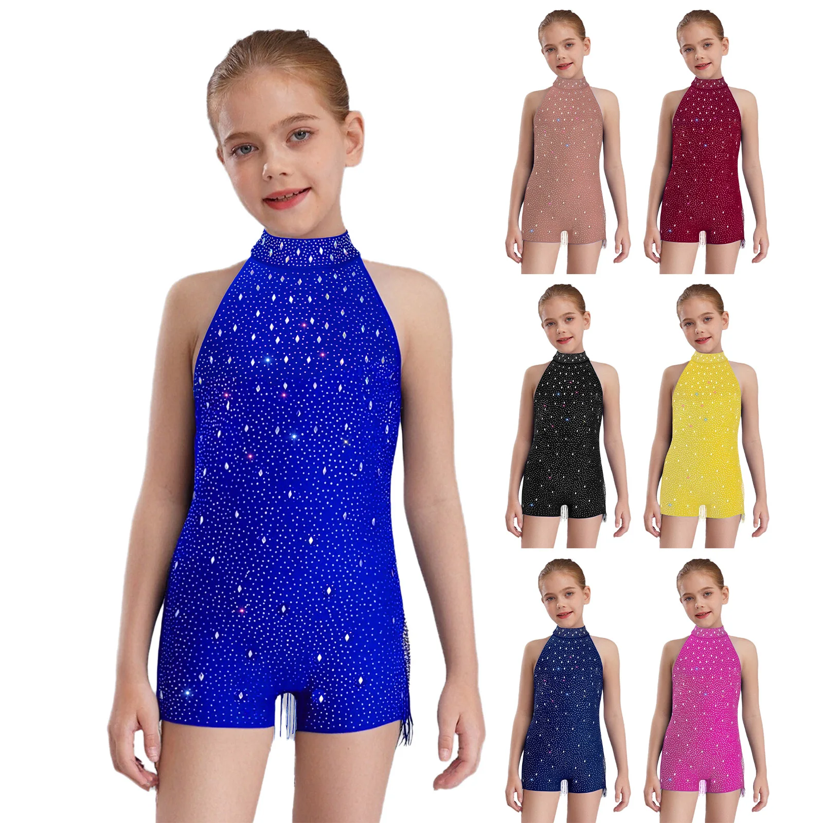 Kinderen Meisjes Latin Jazz Dans Turnpakje Omzoomd Jumpsuit Prestaties Kostuum met Fringe en Strass Kunstschaatsen Danskleding
