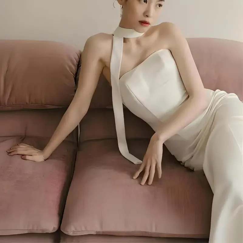 ML Simple Strapless Korean Wedding Dresses With Necklace Outdoor Customized Bridal Photo Shoot Gown Self-Wedding Customized