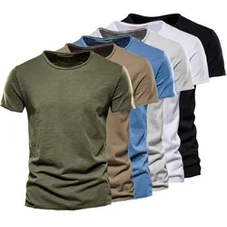 Camiseta de manga corta para hombre, camisa de cuello redondo de Color puro, de algodón de alta calidad, a la moda, ajustada