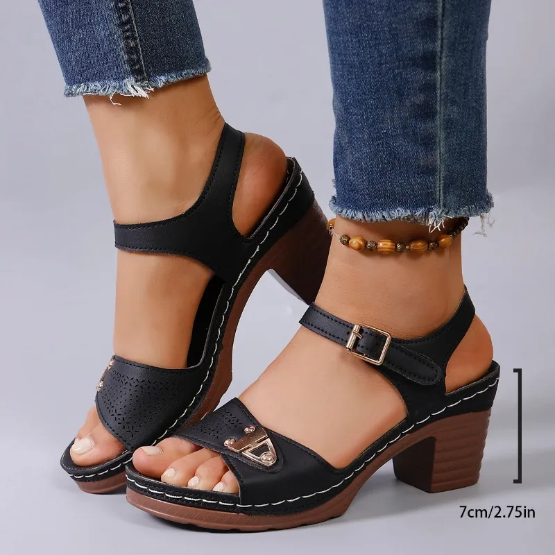 Women's Chunky Heel Sandals Adjustable Buckle Strap Plus Size Shoes Solid Color One Line Fashion Sandals for Women Summer 2026