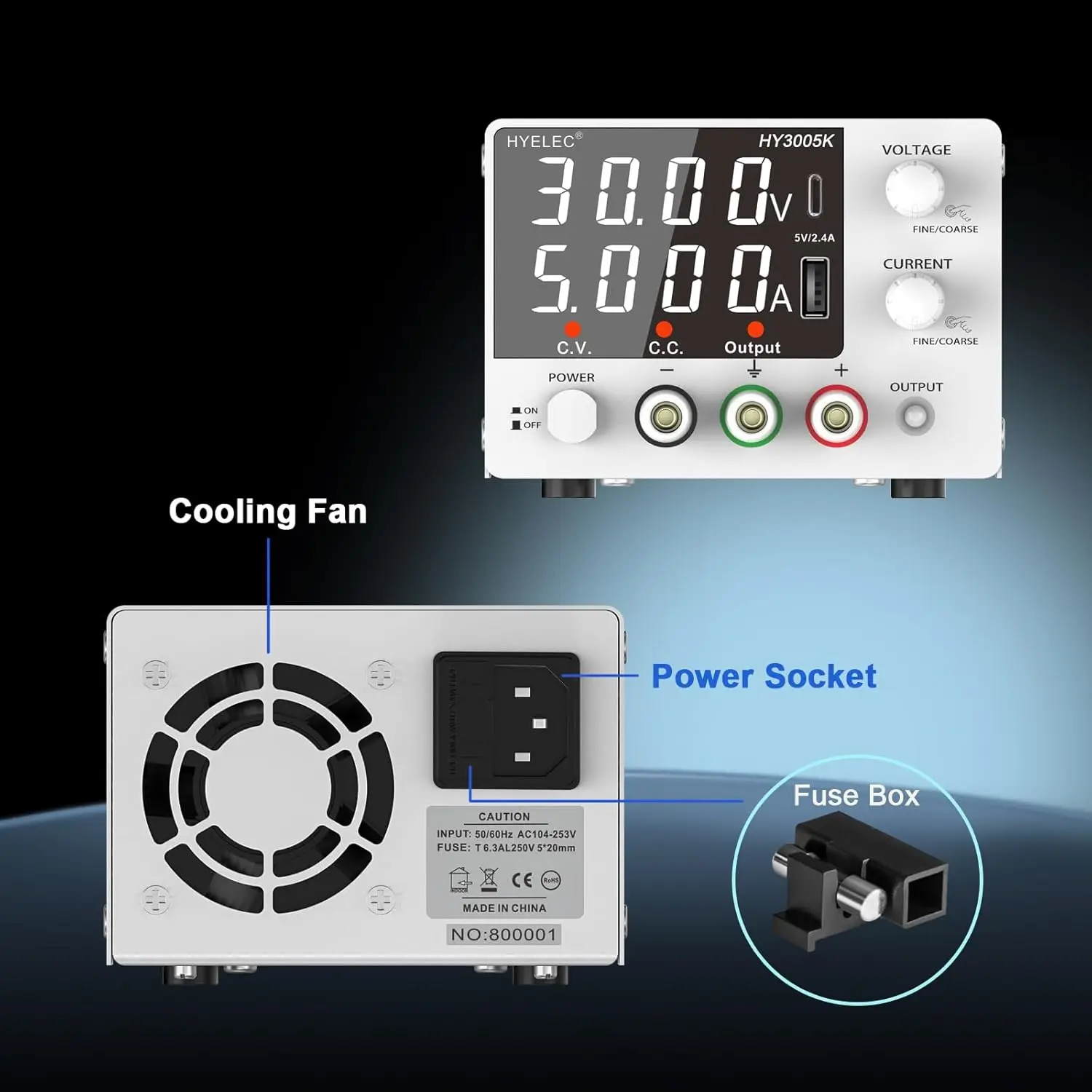 Alimentation CC variable 0-30 V 0-5 A, affichage LED, bouton d'encodeur, chargement de type USB/C