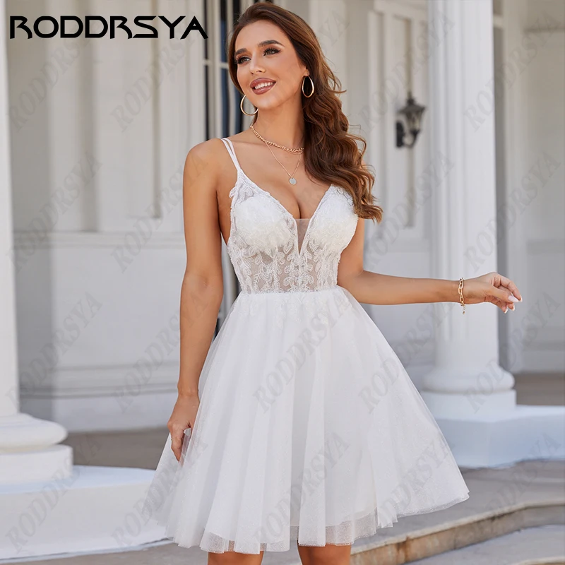 RODDRSYA krótka cywilna suknia ślubna dla kobiet prosta paski Spaghetti Vestidos De Noiva Casamento Illusion suknie ślubne bez pleców krótka cywilna suknia ślubna dla kobiet prosta paski Spaghetti Vestidos De Noiva Cas