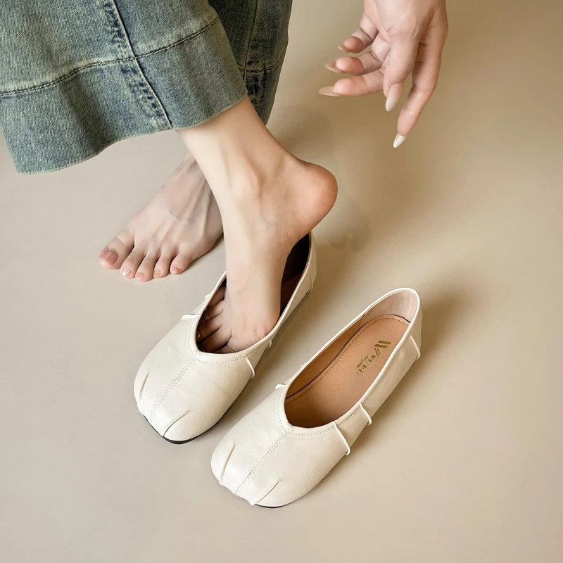 Women Pleated Flat Single Shoes Shallow Mouth All Match Slip On Grandma Shoes Ultra Soft Comfort Bean Flats Lightweight Daily