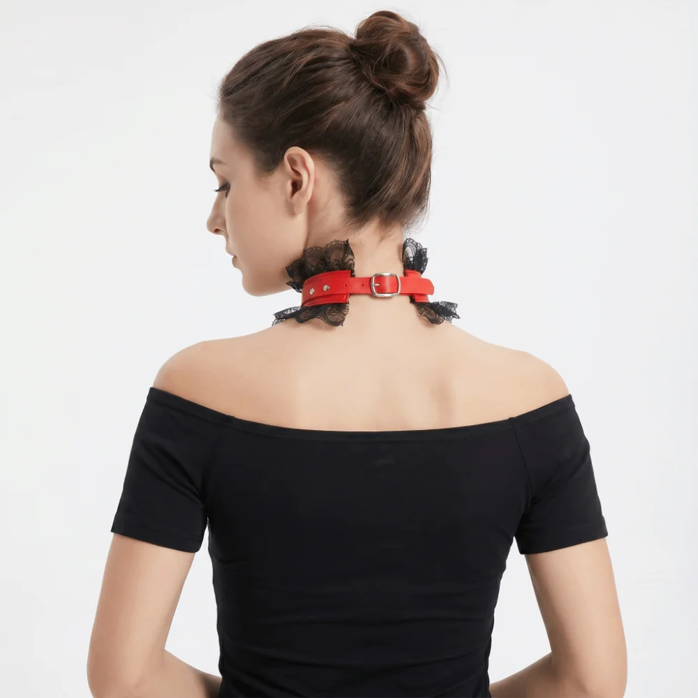 Black Red Color Pu Leather Choker Vintage Style Adjustable Lace Lolita Choker Chunky Ruffled Floral Lace Gothic Neck Ruff Party