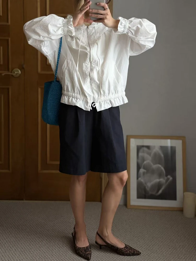 Summer White Bermuda Shorts For Women Loose A Line Lyocell Long Shorts Baggy Lady High Waist Women's Navy Wide Leg Shorts Cotton