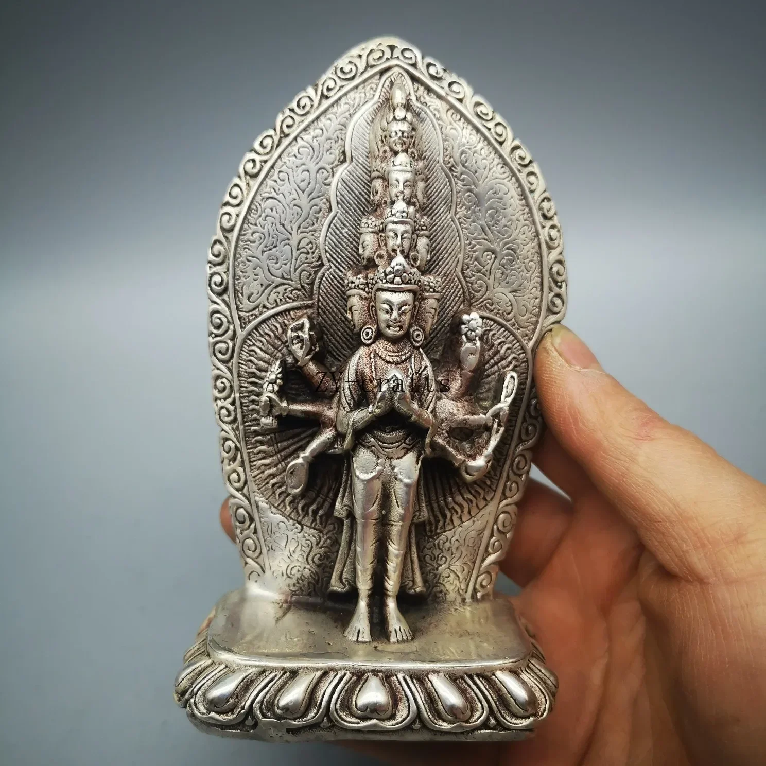 Tibet Buddhism Silver Eleven Faced Kwan-Yin Guan Yin Bodhisattva Buddha Statue