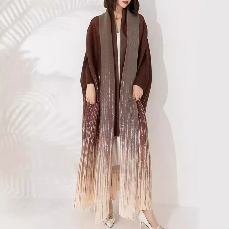 

Miyake Pleated Women's Long Windbreaker Jacket with Loose Temperament, Plus Size Gradient Printed Bat Sleeve Shawl Robe 2024