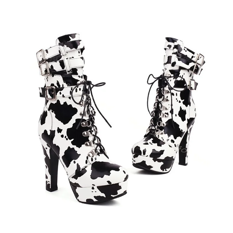 Platform Cow Pattern Ankle Boots Belt Buckle Thick High Heels Cross Band Women Autumn New Fashion Shoes 2023 Zapatos Para Mujere