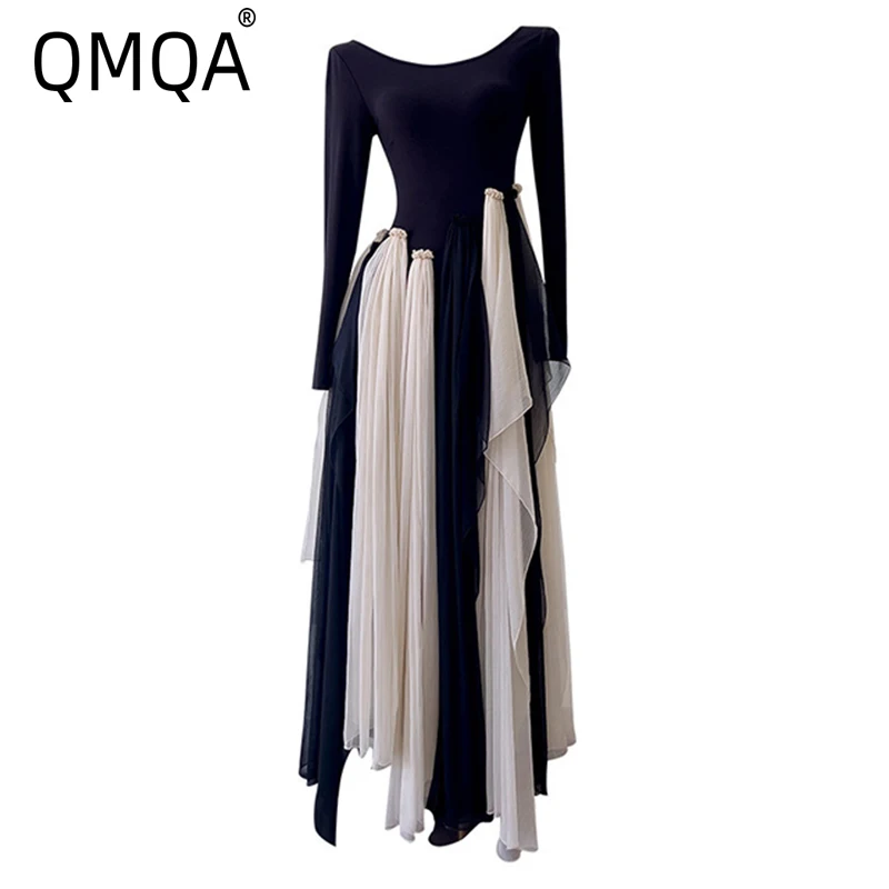 QMQA Fashion Women's Elegant Dresses Contrasting Color Spliced Hem Ruffles High Waist Slimming Irregular Dress Spring New 1A763