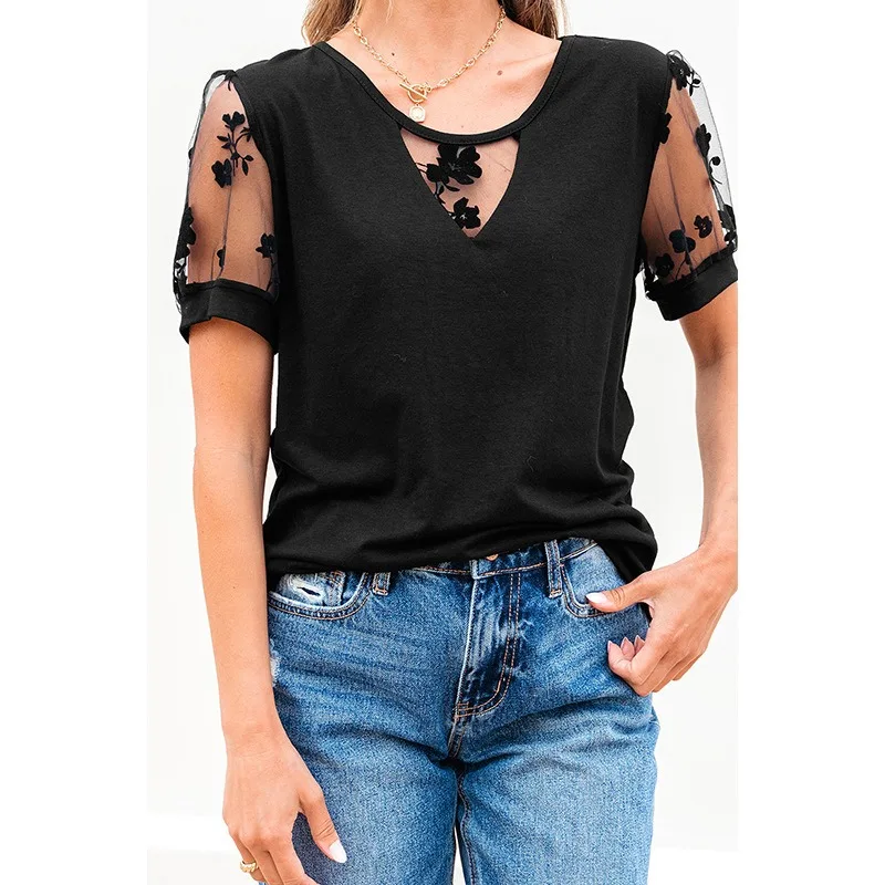 

2025 Summer Solid Lace Mesh Patchwork Elegant T Shirt Women O Neck Short Sleeve Slim Casual Versatile Street Tees
