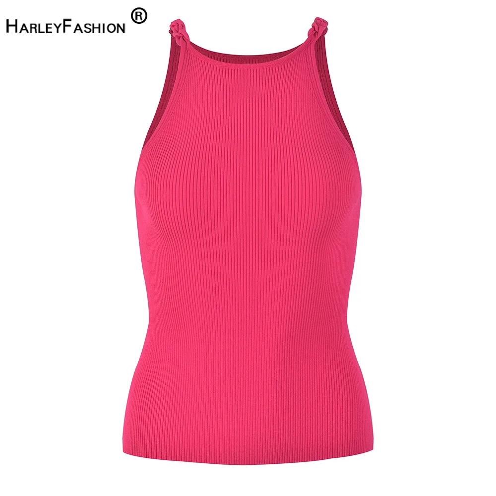 Y2K Sexy Short Knitted Fuschia Vest Tops Sleeveless Halter Design Women Summer Cool Clothing