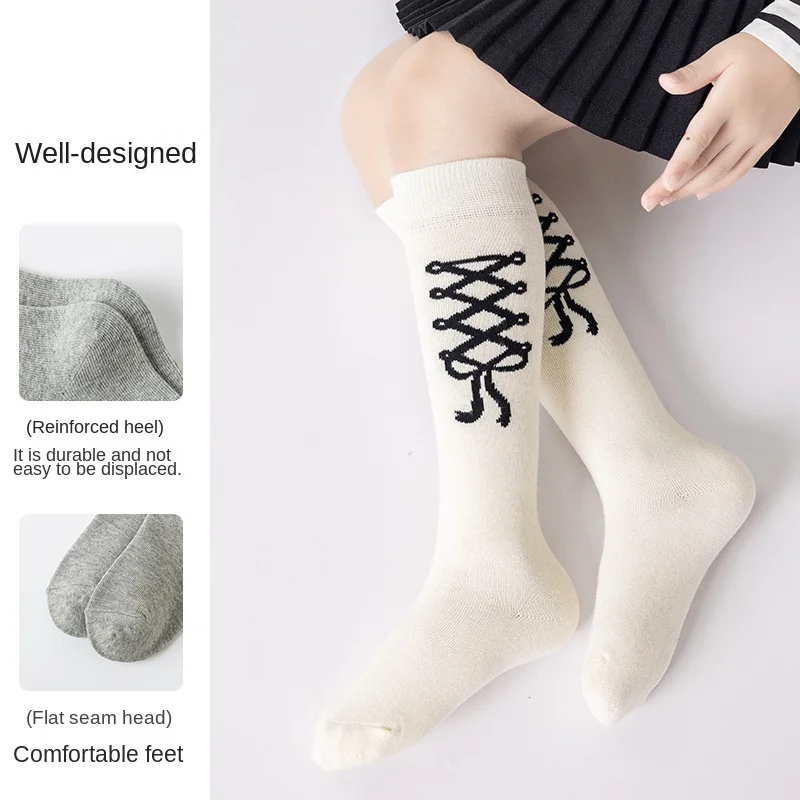 3 أزواج الفتيات الركبة عالية ترهل الجوارب أسود أبيض رمادي القوس الربيع تكويم الجوارب للأطفال 3-12Y الأطفال جورب المدرسة عادية #5