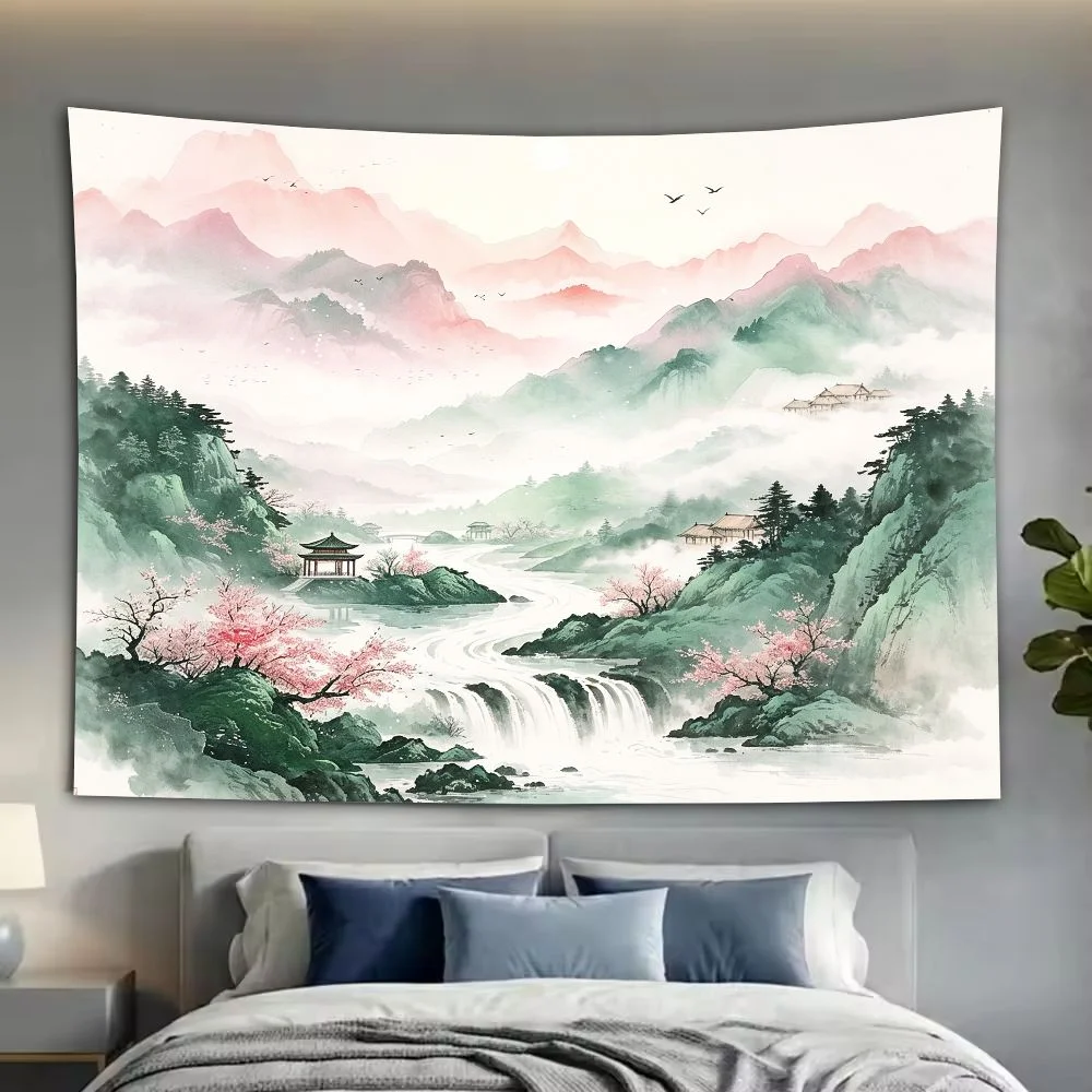 VIKAMA Dreamy Landscape Waterfall Tapestry, Ink-wash Style Peach Blossom Pavilion Wall Decor, Living Room and Bedroom Home Decor