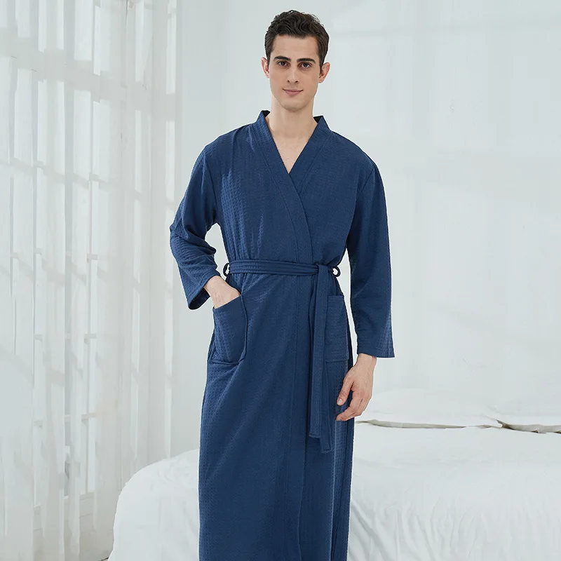 Couples Spring Autumn Waffle Bathrobe Pajamas For Women And Men With Waistband Pockets Nightrobe Long Sleeve V-Neck Solid Loose