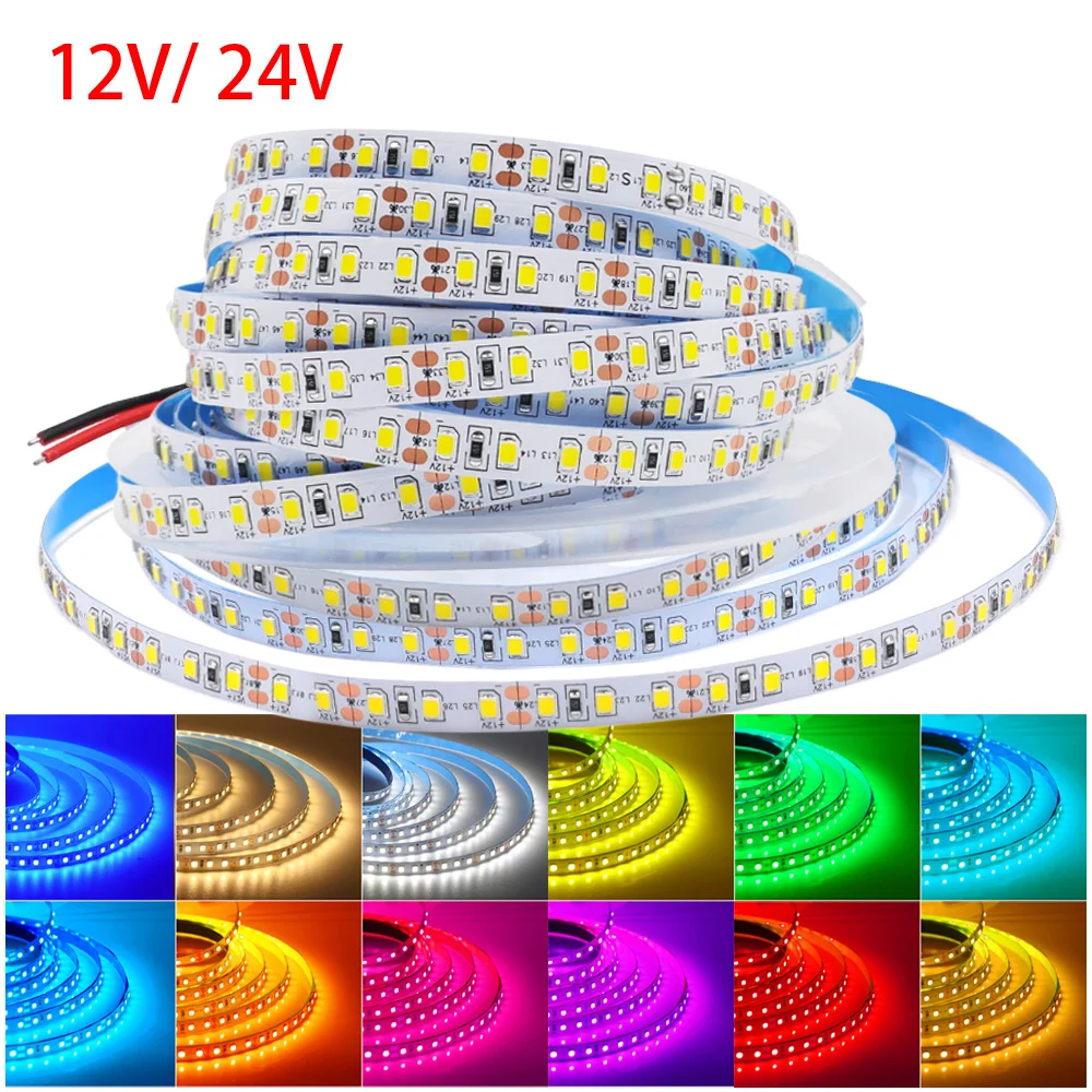 LED 스트립 조명, 매우 밝은 120LED/m 조도 조절 가능 유연한 LED 테이프, 2 핀 와이어 홈 장식, 12V, 24V, 2835, 5m, 10m, 13 색