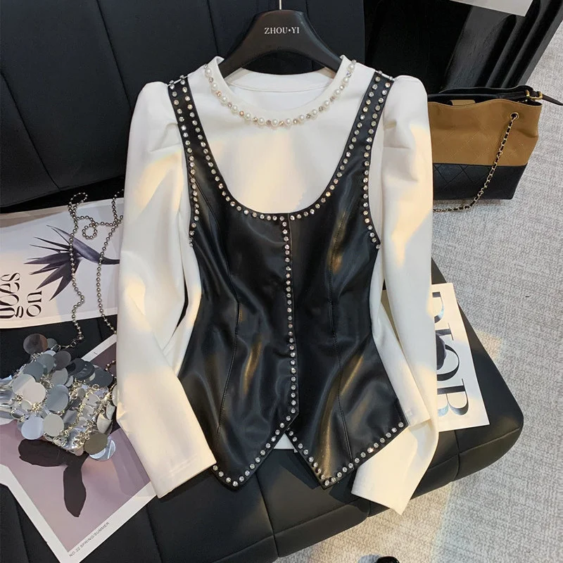 

Рубашка с длинными рукавами из искусственной кожи, расшитая бисером, женская осенне-зимняя модная нижняя рубашка, большие размеры, искусственные два пуловера, топы