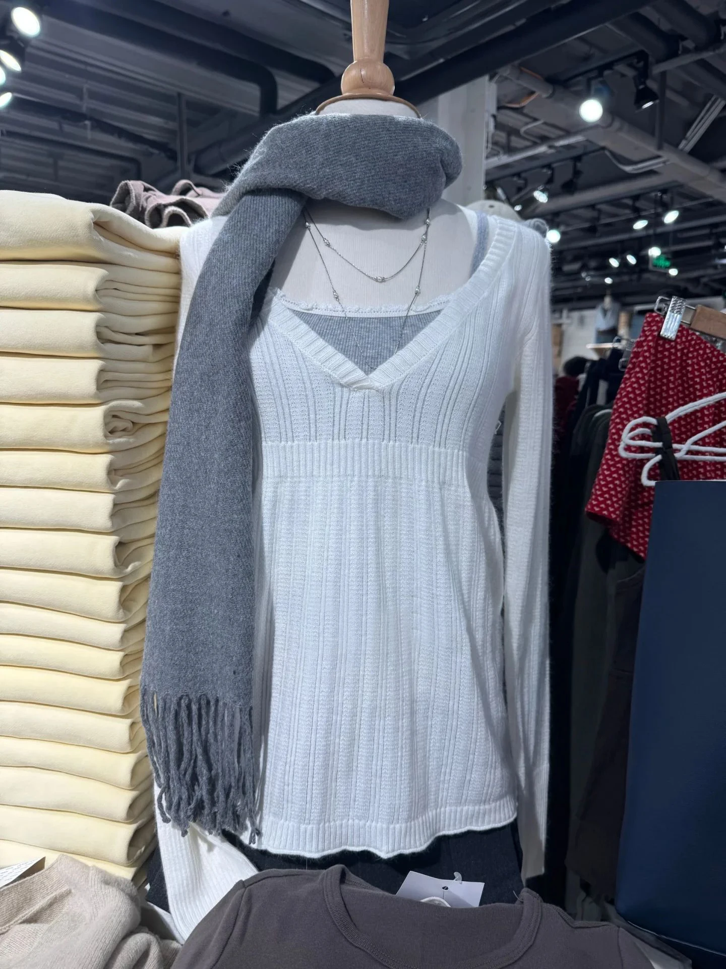 Women's Solid V-Neck Cotton Sweater, Grey & Light Beige