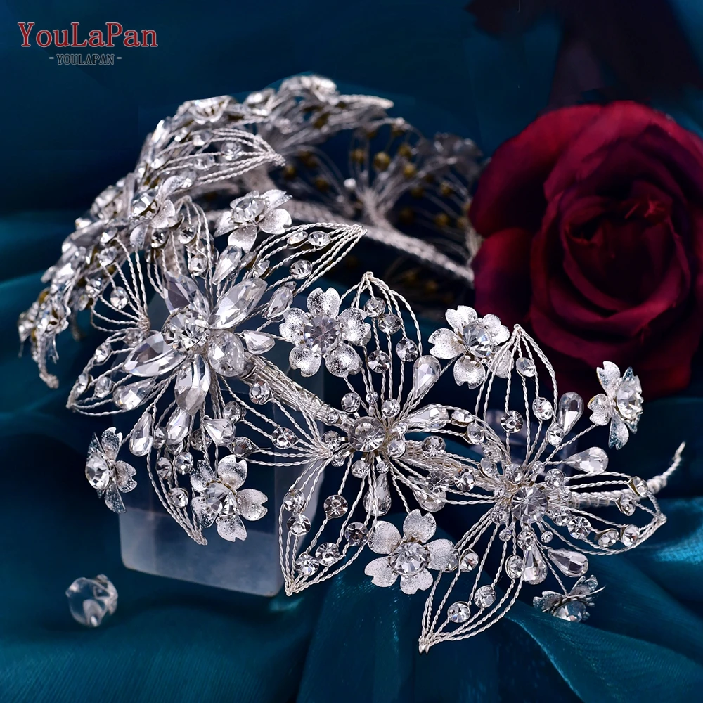 YouLaPan Shiny Bridal Crown Silver Flower Brides Tiaras and Headdresses Wedding Hair Accessories Headbands for Women HP459