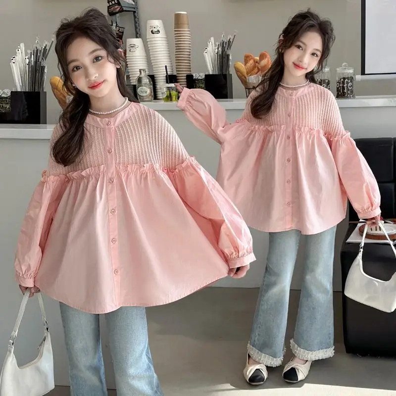 6-15Years Kids Pink Long Sleeve Blouses for Girls Cute O Neck Shirts Teenager Girls Full Clothing Tops Children Blouse 7 8 9 10