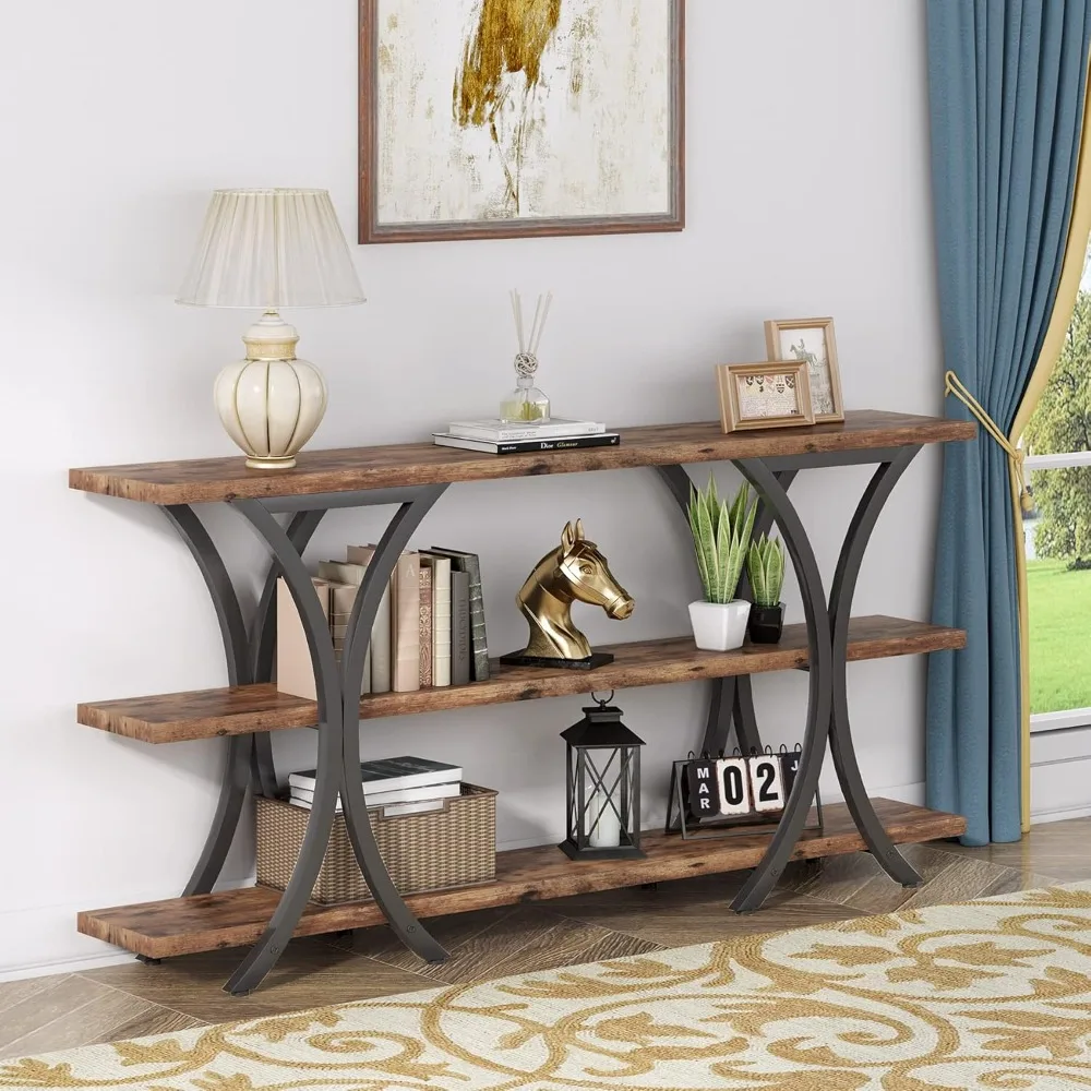 70.8 Inch Narrow Console Table, Long Sofa Table Entry Table with 3 Tier Storage Shelves for Entryway Hallway Living Room