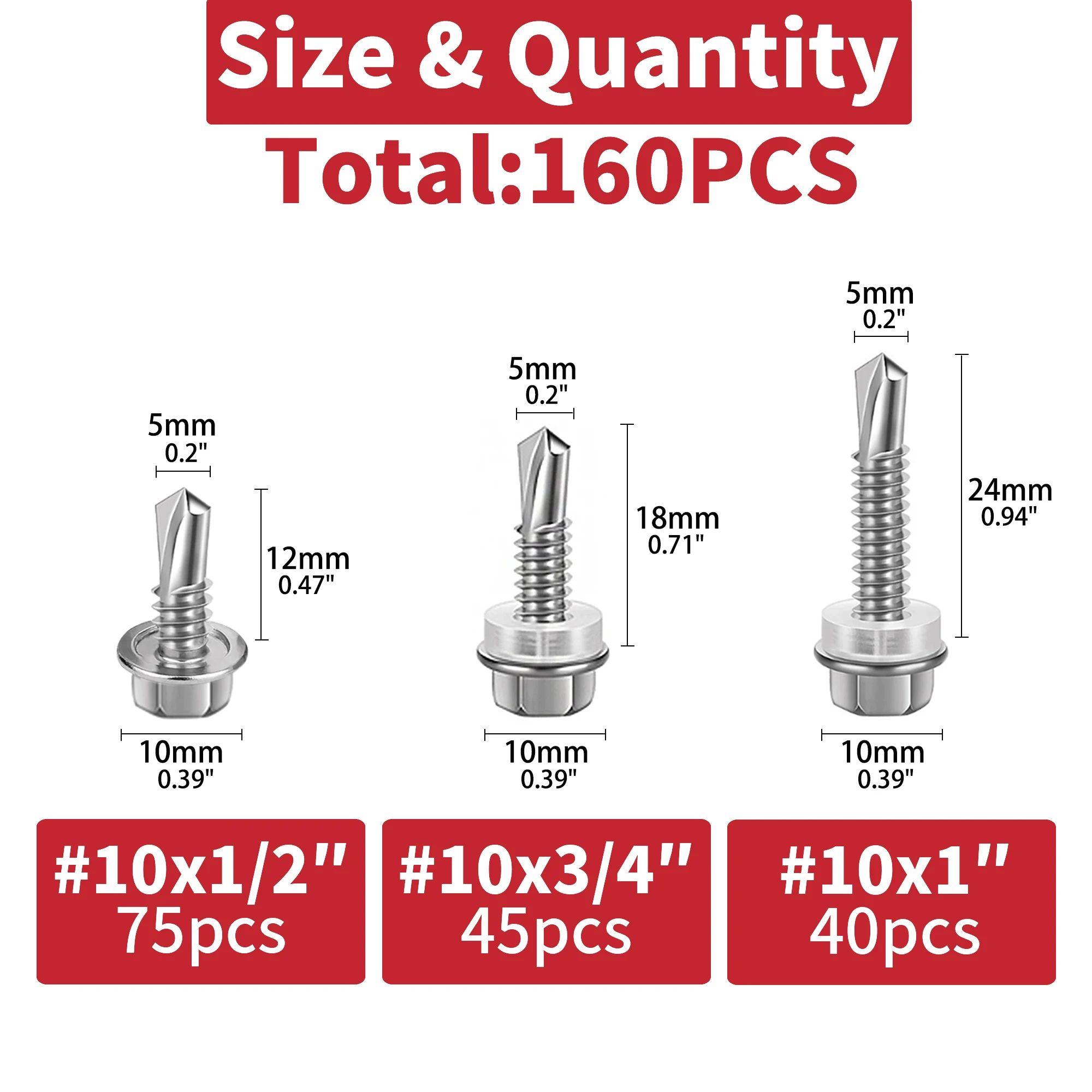 160pcs 410 Stainless Steel #10 Hex Head Self Tapping Screws Assortment #10 Hex Head Self Drilling Screws, Rust Proof Wood Screws