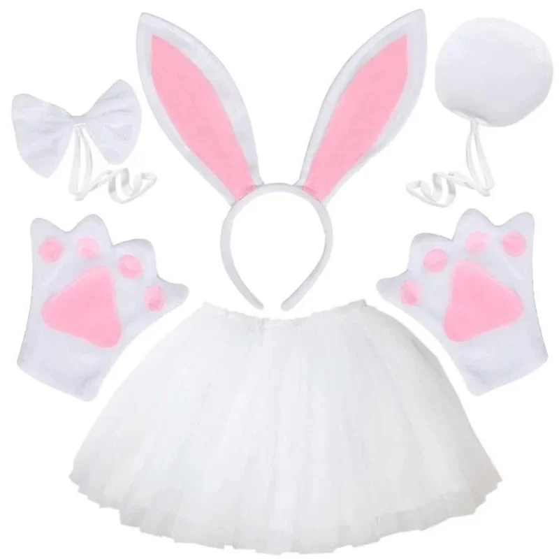 Women girls plush animal Easter bunny ear headband tail bow skirt birthday party baby shower Halloween rabbit cosplay costume