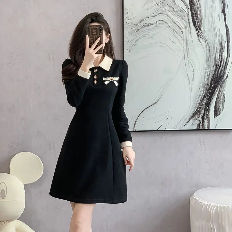 2024 New Autumn Pear Shaped Figure French Bow Contrasting Color Long Sleeved Fashion Waist Cinching Slimming Temperament Dress