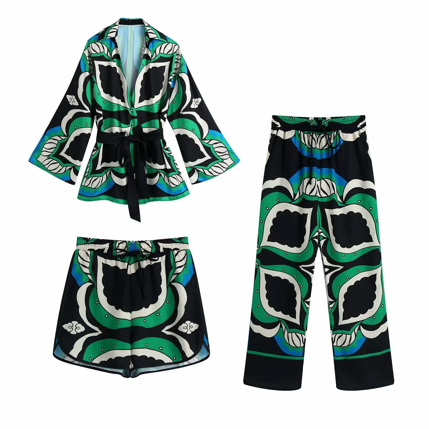

Women Vintage Position Leaves Print 3Pcs Pajamas Set Casual Straight Pants Female Chic Elastic Waist Long Trousers Sleepwear